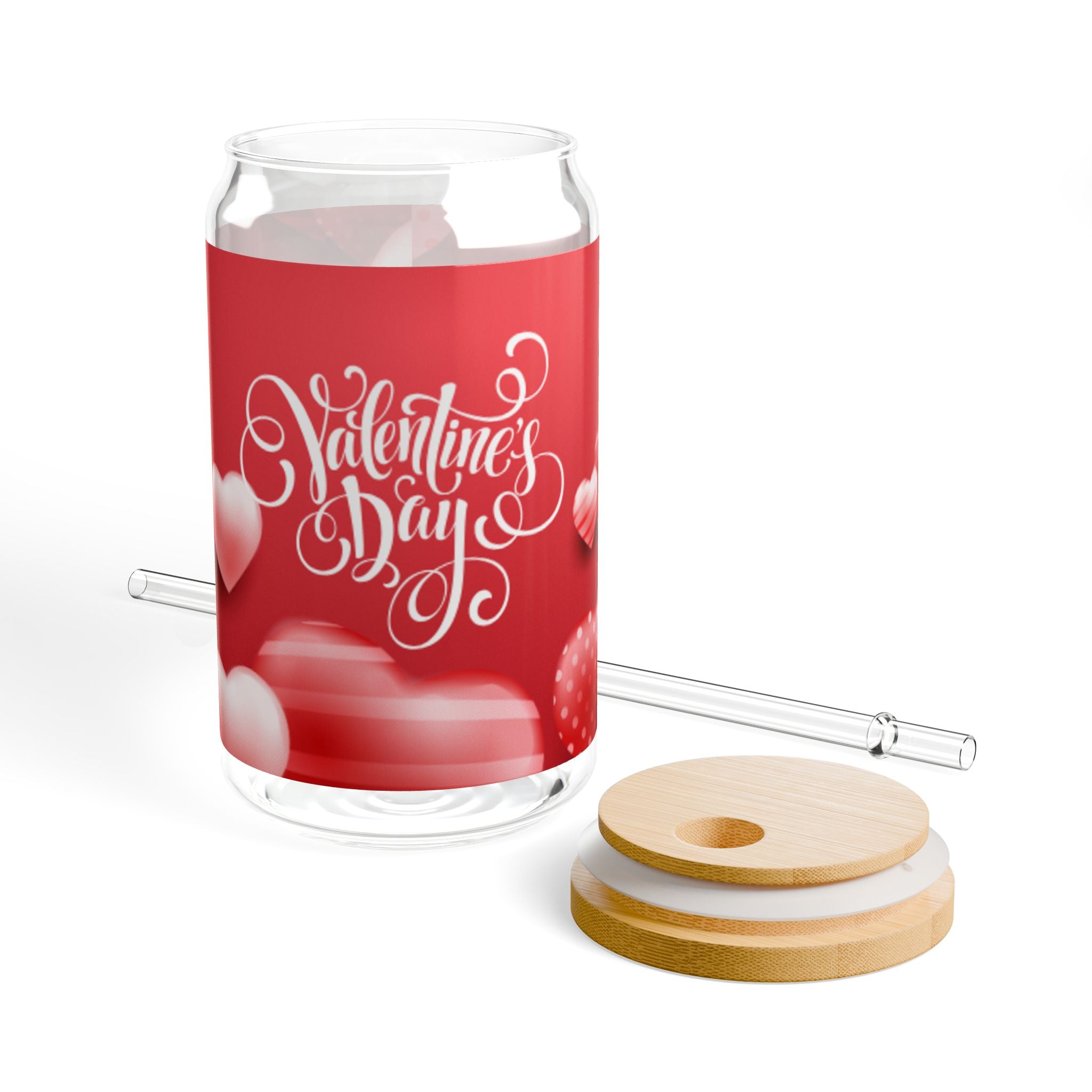Glass Sipper 16oz - Red Happy Valentines Day Gift for Teachers, Girlfriend, Boyfriend, Valentines Give Away, Glasses Drinking Set, Iced Coffee Cup with Bamboo Lids, Drinking Glasses Tumbler with Straw and Lid, Glass Can Coffee Cups, Drinking Glassware