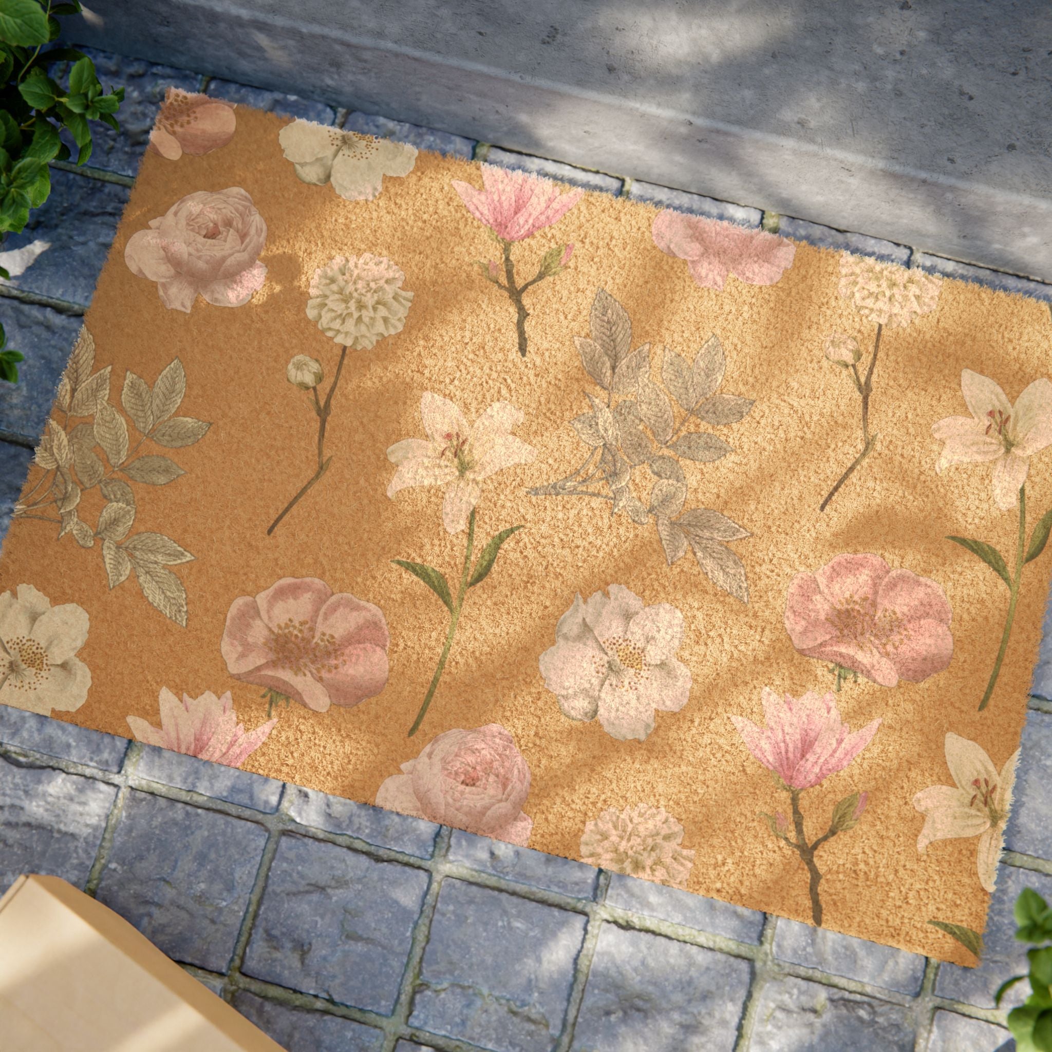 Floral Vintage Flowers, Coir Doormat, Welcome Mat for Front Door Decor, Floor Mats with Non-Slip Backing, Home Office