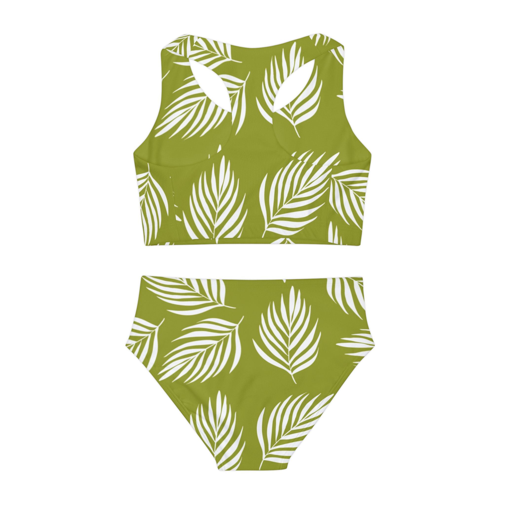 Green Leaves  Print Swimsuit Set, Floral Pattern Two Piece Bathing Suit, Cute Girls Swimwear, Summer Beach Outfit, Kids Swim Set