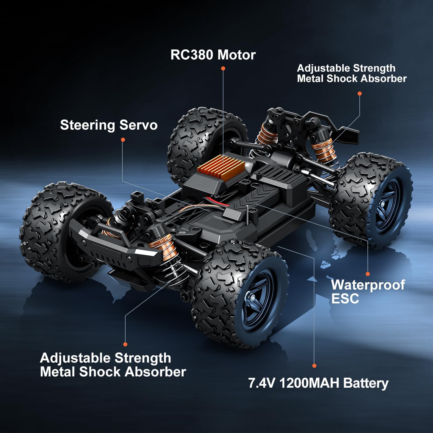 1:20 Scale 4WD Off-Road High-Speed RC Car Truck, 25 MPH, w/Rechargeable Batteries, Waterproof, Brushed 380 Motor